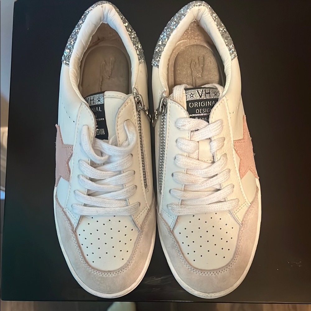 Vintage Havana White Sneakers with Pink Star & Silver Glitter Heel